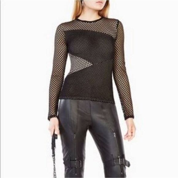 BCBGMaxAzria Tops - BCBGMAXAZRIA Black Mindy Mesh-Paneled Top Sz M